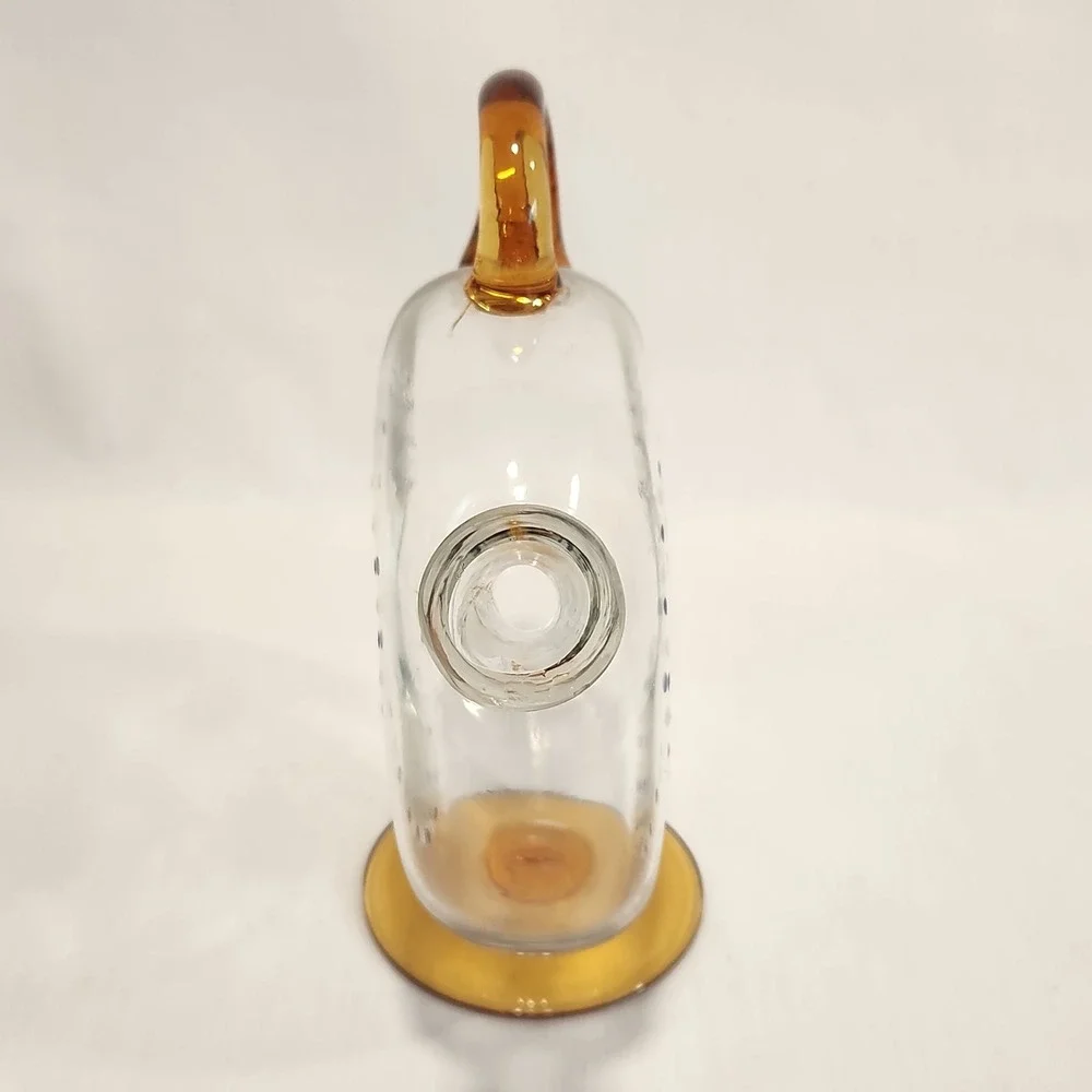 Vintage Hand Painted Edelweiss Glass Decanter or Vase Amber Handle Pitcher 8.5in